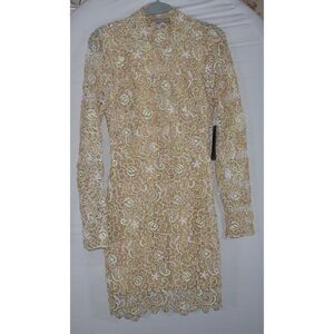Gold Lace Long Sleeve Bodycon Dress -Evening Wear- Size 4 With‎ Tags